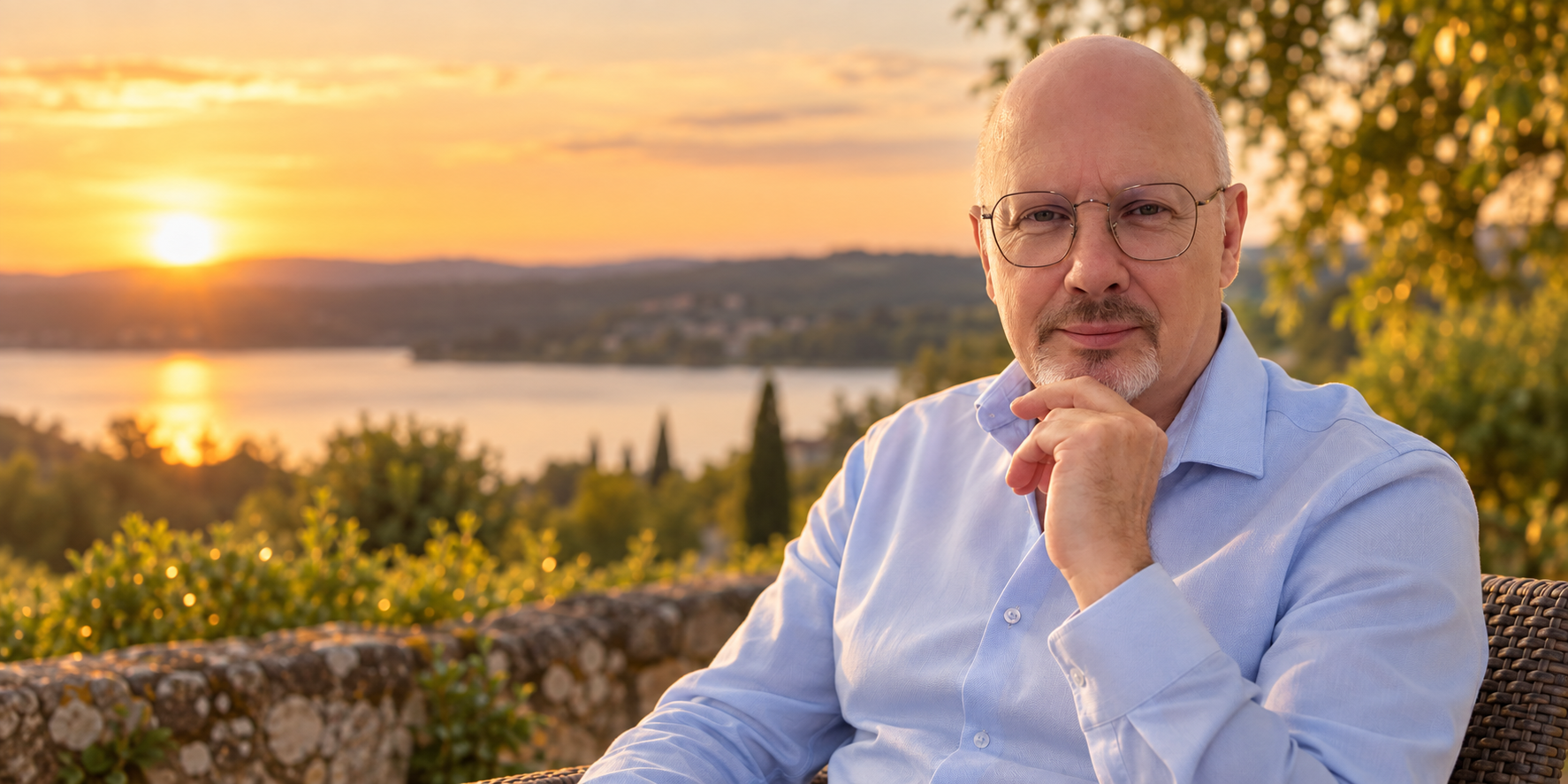 Thierry Henocq dans un paysage au coucher du soleil